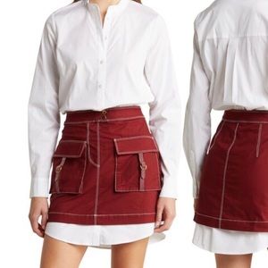 Veronica Beard Jennings Dress in deep red brick-skirt with crisp white blouse